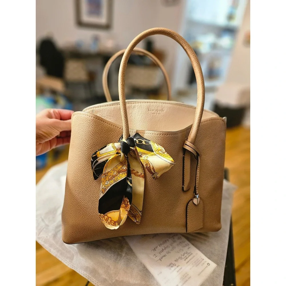 Kate Spade New York Beige Pebbled Leather Tote Bag with Scarf and Heart Charm